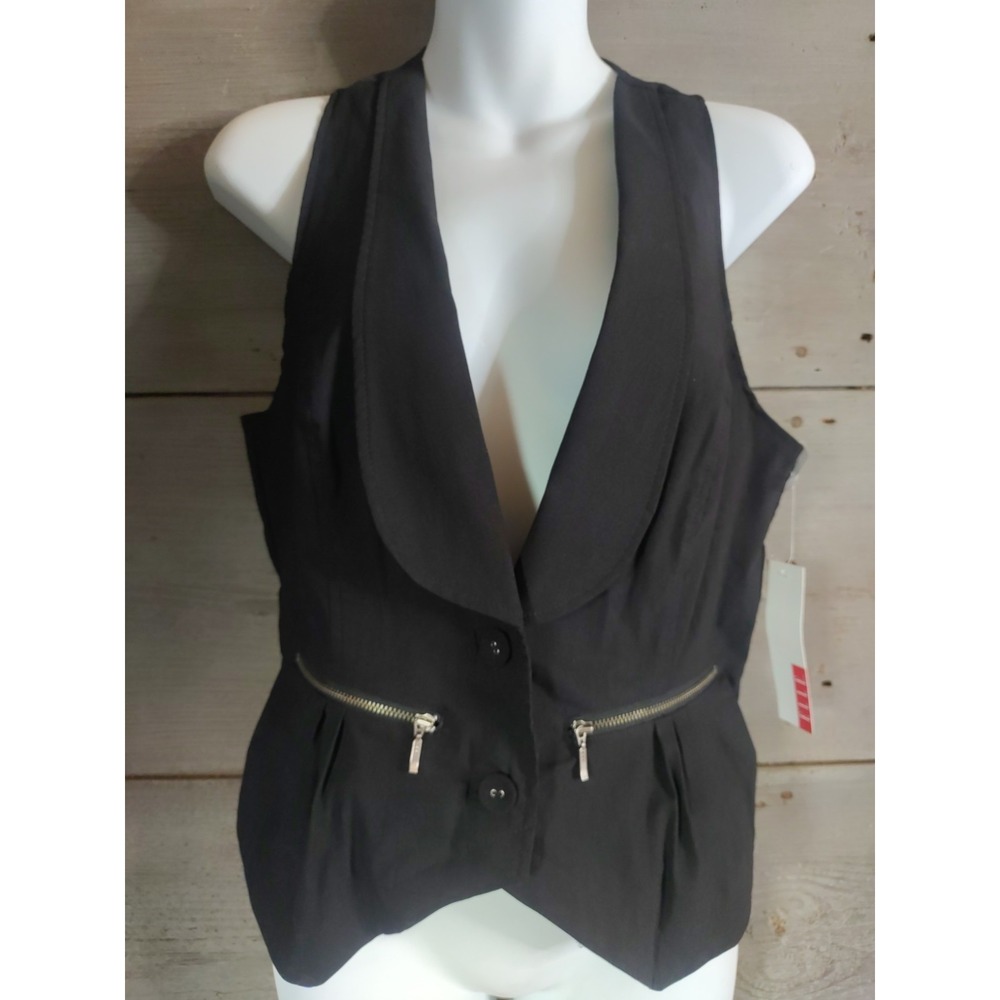 Elle Women Black Ruched 2 Button Zip Pockets Lined Vest Size M